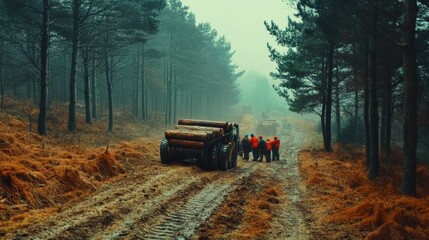 Workers in Bright Jackets Discussing Near Timber Logs on a Foggy Forest Road Surrounded by Green Trees