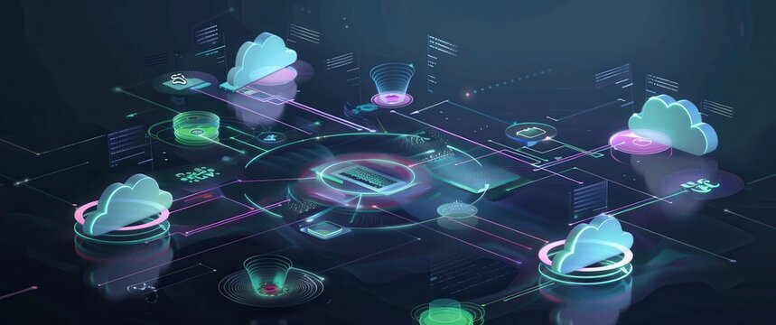 Interconnected cloud platforms show a multi-cloud environment, flowing data streams, and floating monitoring interfaces text displays.