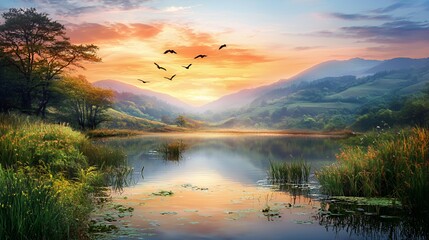 Serene Lake Sunset Landscape with Birds in Flight