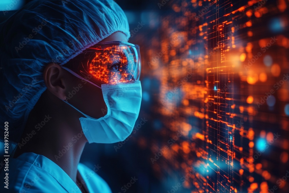 Poster medical professional using augmented reality technology while analyzing data in a futuristic healthc