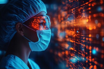 Medical professional using augmented reality technology while analyzing data in a futuristic healthcare environment