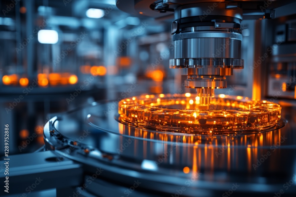 Poster modern industrial machine performing precision work on a glowing circular component in a high-tech f