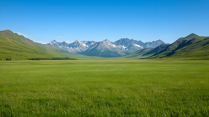 Fototapeta premium Vast Green Meadow with Mountain Range under a Blue Sky