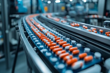 Collection of orange and white capsules moving along a conveyor belt in a pharmaceutical manufacturing facility