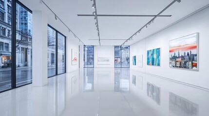 Modern art gallery interior with paintings and city view.