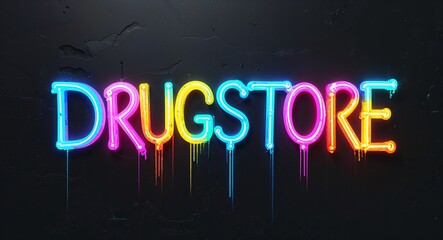 Naklejka premium Drugstore colorful neon graffiti lettering on plain black background