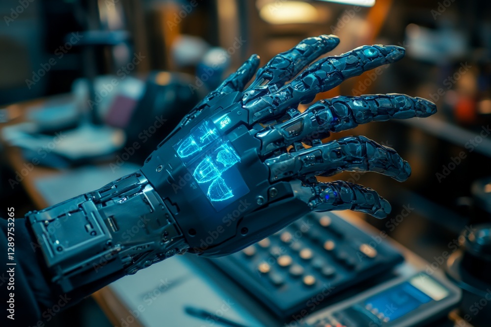 Aufkleber futuristic robotic hand with glowing interfaces showcased in a high-tech workshop at twilight
