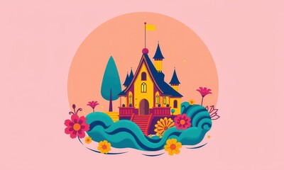 Illustrative Image of a Vibrant Fairytale House Surrounded by Abstract Nature Elements in a Soft Pastel Palette With a Whimsical Artistic Style