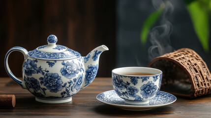 A traditional Chinese porcelain tea set with blue floral patterns