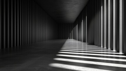 Fototapeta premium Dark interior corridor with vertical lines and shadows of sunlight