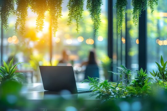 Laptops sit near vibrant plants during golden hour at a modern workspace in a garden-like cafe