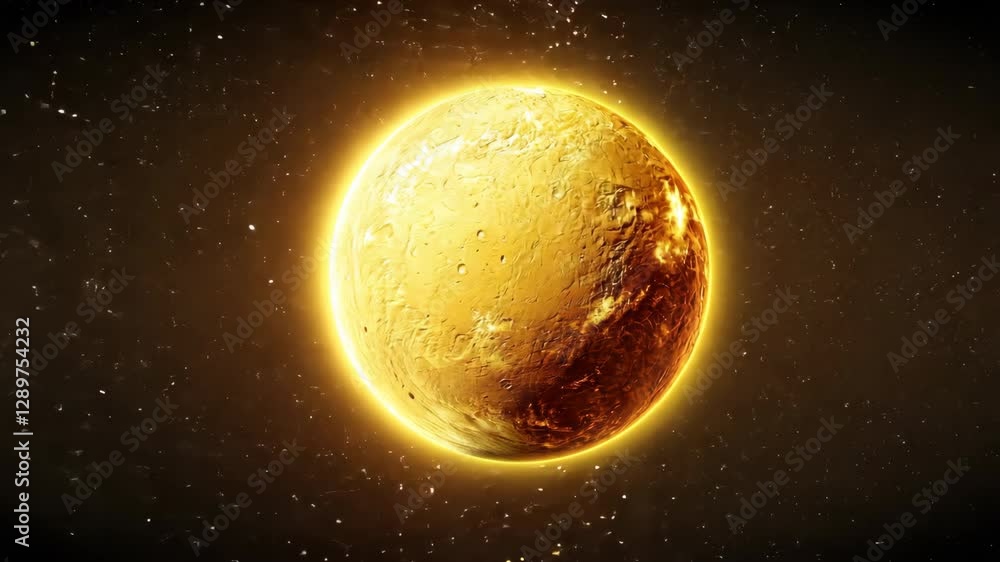 Poster glowing textured planet resembling sun in starry background radiates warmth and light, creating capt