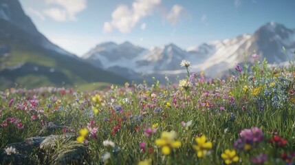 Vibrant wildflowers bloom in a mountain meadow.