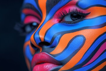 Model showcases vibrant face painting with colorful patterns and striking makeup in a creative artistic display
