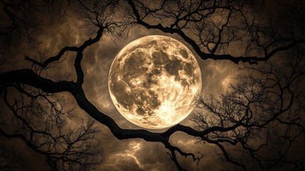 Naklejka premium 満月とシルエットの木 – 静寂に包まれる幻想的な夜