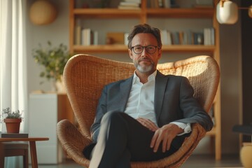 Fototapeta premium Business professional sits thoughtfully in a modern chair during a sunny afternoon indoors