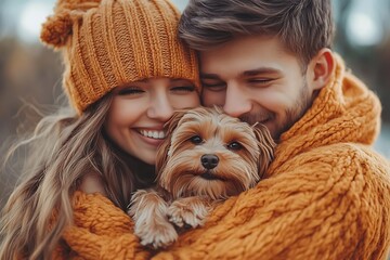 A Smiling Couple Embraces a Dog Wearing Matching Cozy Attire