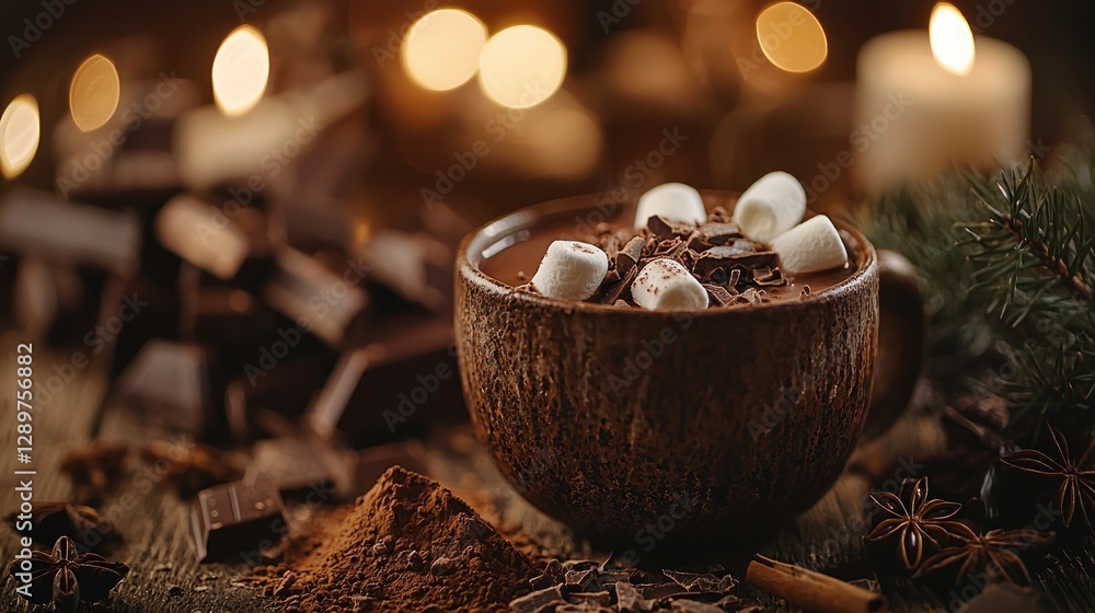 Poster warm cocoa drink with marshmallows in coconut shell mug.