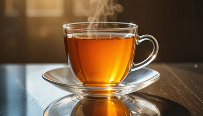 Elegant Clear Glass Teacup with Amber Tea – Sunlit Minimalist Design, Warm Tones, and Crisp Reflection