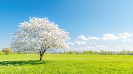 Obraz premium Spring tree meadow, blue sky, idyllic landscape, nature background