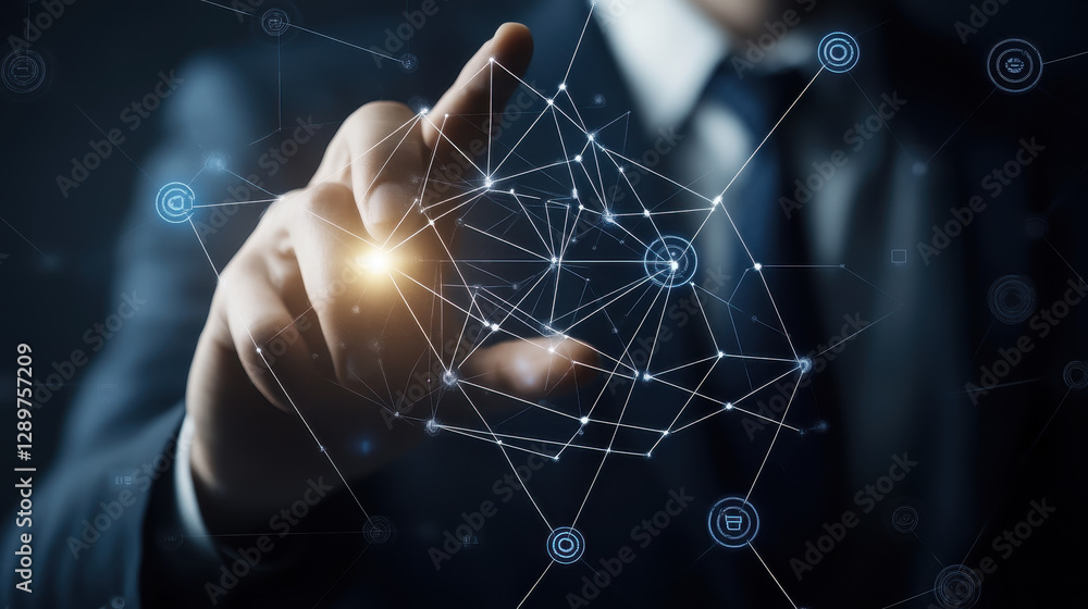Poster businessman touching a digital network and connection on a transparent screen with a finger