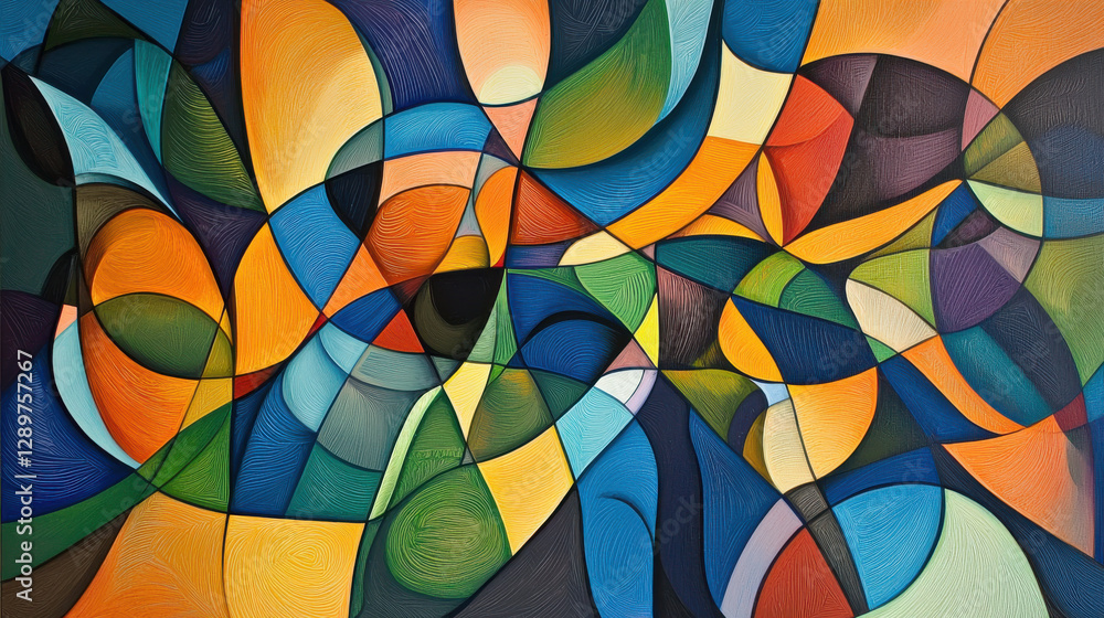 Poster colorful abstract art with intricate lines and shapes creating vibrant composition