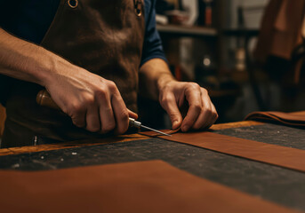 Man Working with Leather – Crafting Wallet in Old Tannery