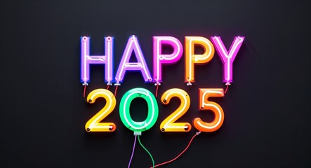 Obraz premium happy 2025 colorful neon graffiti lettering on plain black background