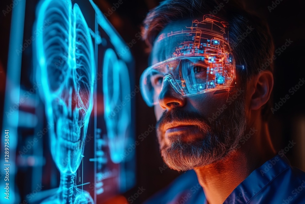 Poster advanced technology utilized by a scientist to analyze human anatomy in a futuristic lab setting