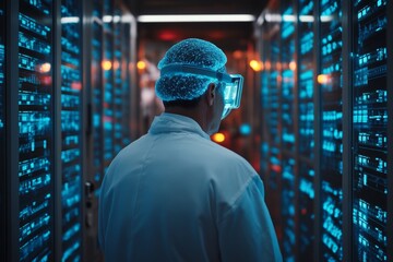 Technician in protective gear examines data server room illuminated by blue lights at night