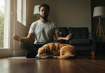 Calm Moment: Black Man Meditating with Pet Dog at Home – Wellness and Bonding