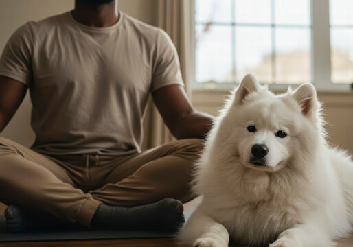 African American Man Meditating with Pet Dog at Home – Self Care and Relaxation