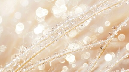 Dew drops on beige grass with bokeh background.