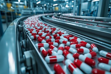 Obraz premium Manufacturing process of red and white capsules on conveyor belt in a pharmaceutical facility