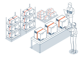 3D isometric illustration of Warehouse worker scans and checks goods on storage racks for import and export operations, ensuring accurate inventory management through barcode verification.