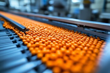 Fototapeta premium Colorful orange spheres moving along a conveyor belt in a manufacturing facility