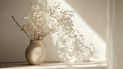 Dried flowers in beige vase, sunlight, shadow.