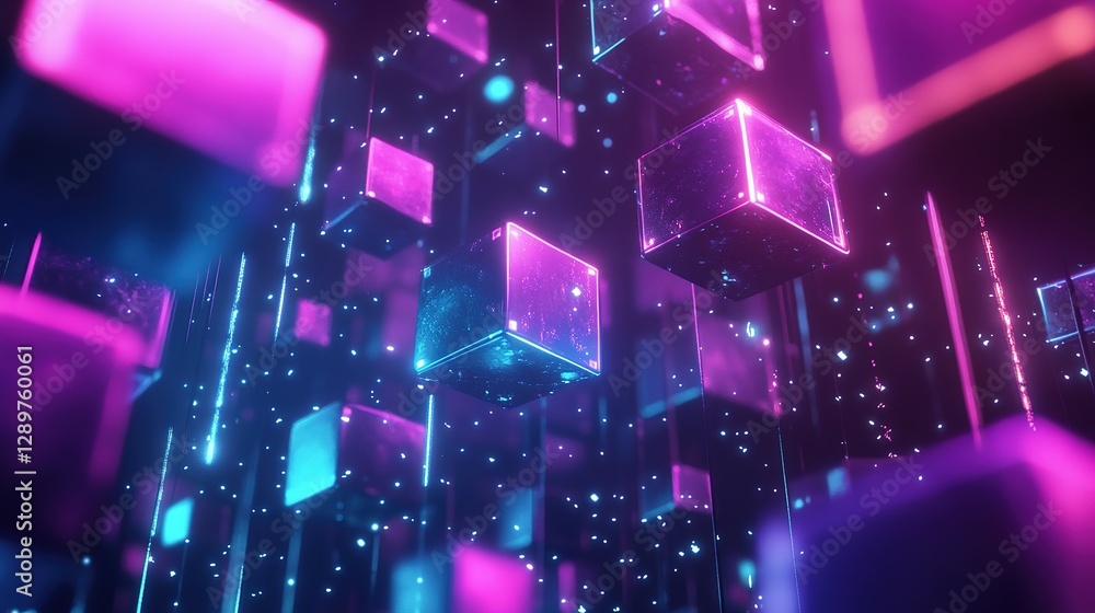 Poster glowing cubes floating in a dark space with lights