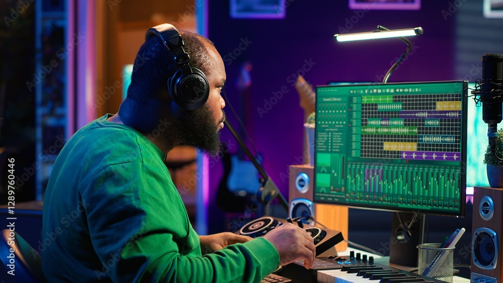 Leinwandbilder talented musician mixing and mastering songs on a console, twisting pre amp knobs to add sound effec