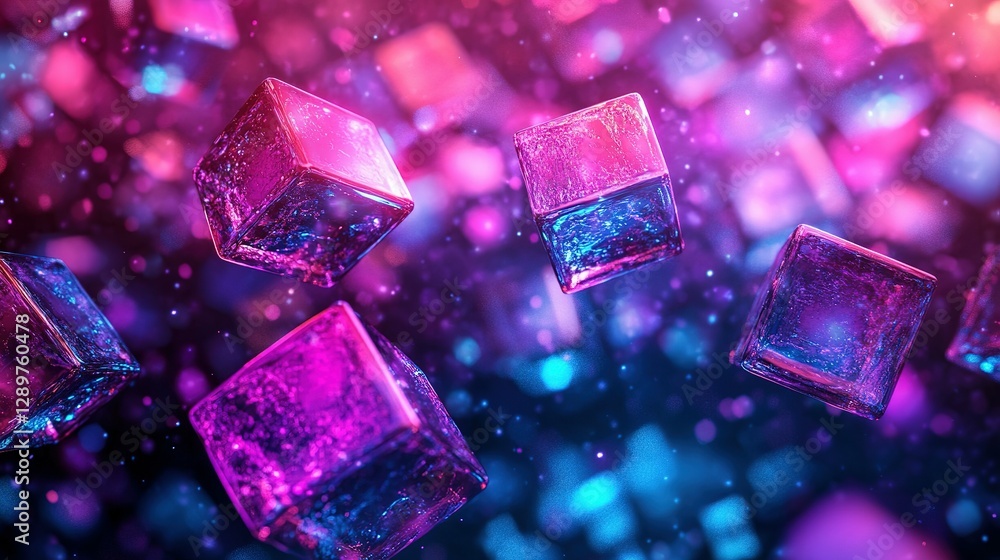 Poster floating illuminated ice cubes with abstract background and bokeh