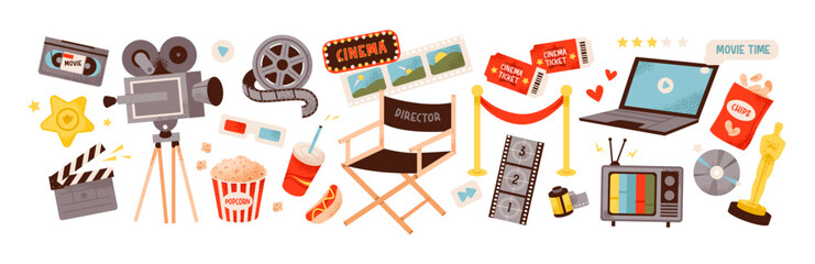 Cinema accessories set. Movie items, clapperboard, popcorn, film, camera, ticket and soda. Cinematography and filmmaking. Flat vector illustration.