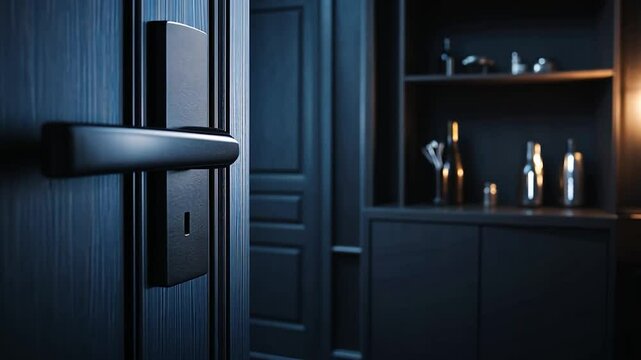 Dark, modern door handle, dimly lit,  bar-like room beyond