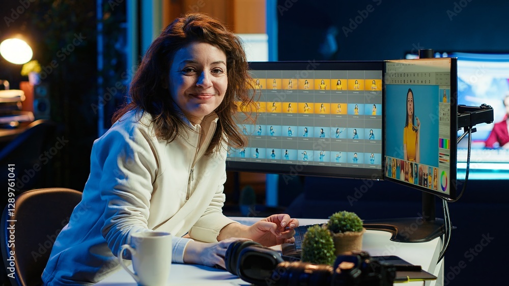 Poster portrait of photo editor retouching photographs with editing software on computer, picking best shot