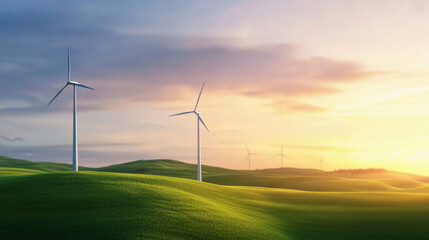 Fototapeta premium Wind turbines on green hills under vibrant sunset sky, symbolizing renewable energy