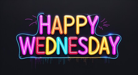 Obraz premium happy Wednesday colorful neon graffiti lettering on plain black background