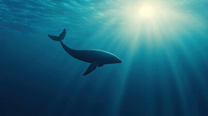 Fototapeta premium majestic whale swims gracefully underwater with sunlight streaming through