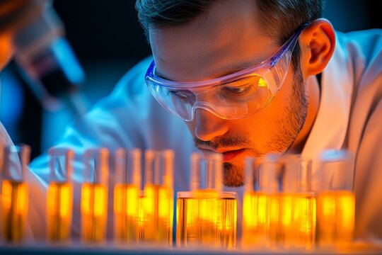 Scientist conducts experiment with glowing liquids in laboratory setting at night