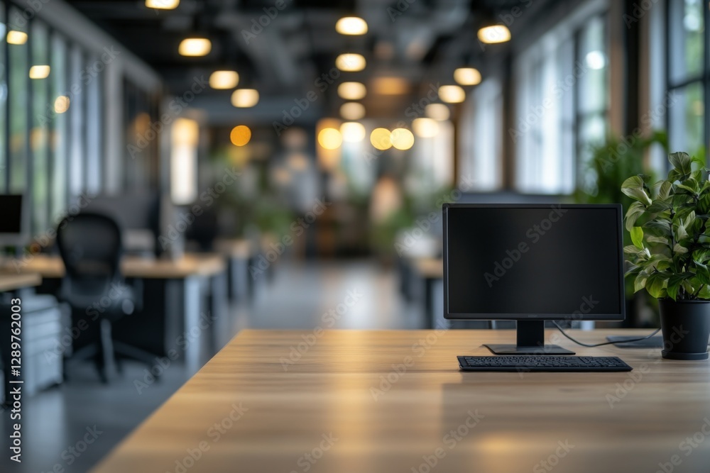 Poster modern office workspace with empty desk and computer setup during daylight hours