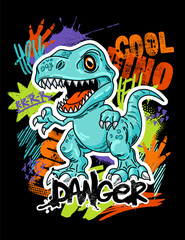Vector illustartion of cartoon dinosaur  and graffiti words isolated on white background. Hand draw style