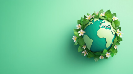 Globe surrounded by green leaves and white flowers on green background